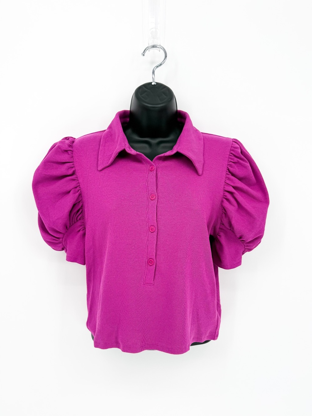 Express Magenta Dramatic Puff Sleeve Polo Henley Top Large